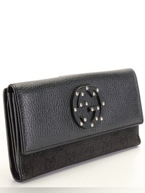GUCCI STUDDED INTERLOCKING GG BLACK CANVAS & LEATHER CONTINENTAL WALLET